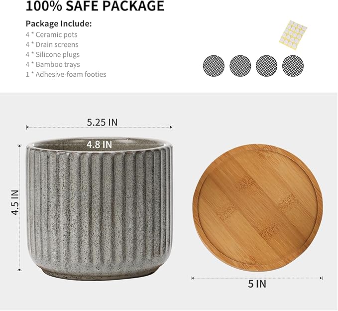 TAMAYKIM 5.25 Inch Ceramic Plant Pots with Drainage Holes and Saucers, Modern Flower Pots with Trays for Indoor Planters, Snake Plant, Succulent, Cactus and Herbs, Set of 4-Ruum Studio Home