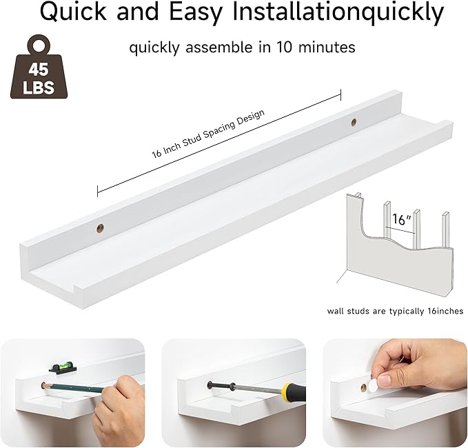 Fun Memories Picture Ledge Shelf, 24 Inch Floating Shelves Set of 2, Nursery Book Shelves for Toys Storage, Kids Bookshelf Wall Mounted for Wall Decor Books Photo Frames, White-Ruum Studio Home