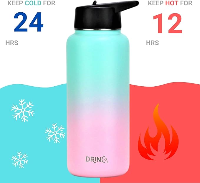 DRINCO Stainless Steel Water Bottle Spout Lid Vacuum Insulated Double Wall Water Bottle Wide Mouth (40oz 32oz 22oz 18oz 14oz) Leak Proof Keeps Cold or Hot (32 oz, 32oz Macaron)-Ruum Studio Home