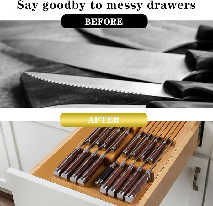 Bamboo Kitchen Drawer Knife Holder, In-drawer Knife Block, Knife Drawer Organizer fit for 16 knives and 1 steel sharpening-Ruum Studio Home