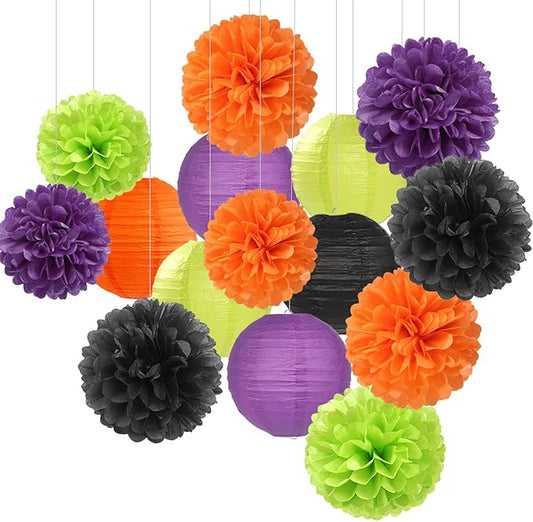 Black-Orange Purple Green Halloween Party-Decorations - 15PCS Paper Flowers Lanterns Tissue Pom Poms Streamers,Vintage Birthday Baby Shower Bachelorette Wedding Bathroom Hanging Supplies Decor Hugfond-Ruum Studio Home