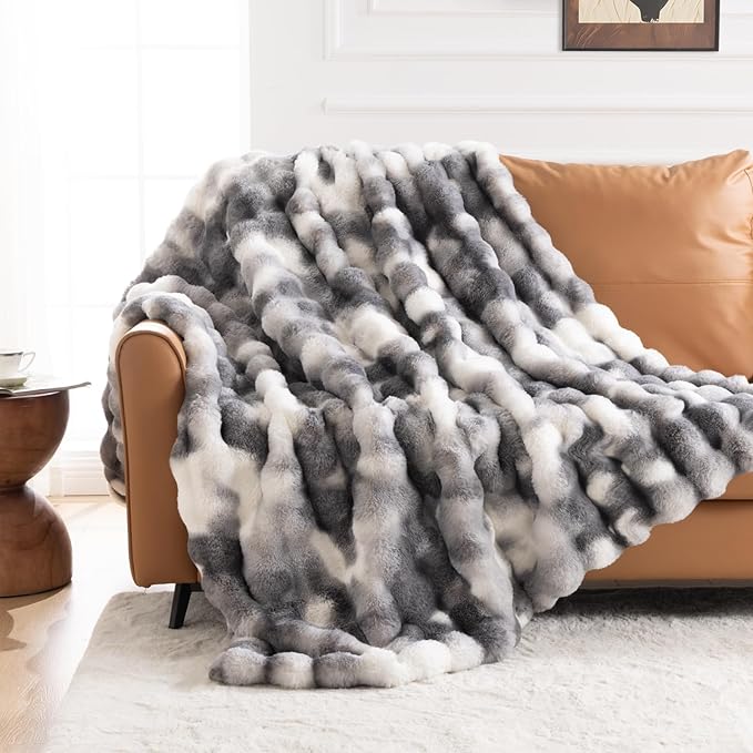 Cozy Faux Fur Throw Blanket for Bed-Warm Fuzzy Throw Blanket, Soft Plush Thick Bubble Blankets for Bedroom and Living Room, Furry Luxury Blanket, 90 x 108,Tie-Dye Grey-Ruum Studio Home