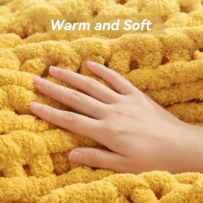 Chunky Knit Throw Blanket, 60''*80'' Knitted Throw Chenille Yarn for Bed Couch, Handmade Yellow Crochet Big Thick Blanket, Machine Washable Cute Comfy Blanket for Home Decor-Ruum Studio Home