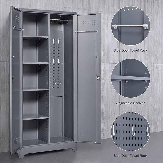 Lockable Storage Cabinet,Utility Closet with Doors and Shelves,SteelGarage Cabinet with Adjustable Shelves for Home,Garage,Gray-Ruum Studio Home