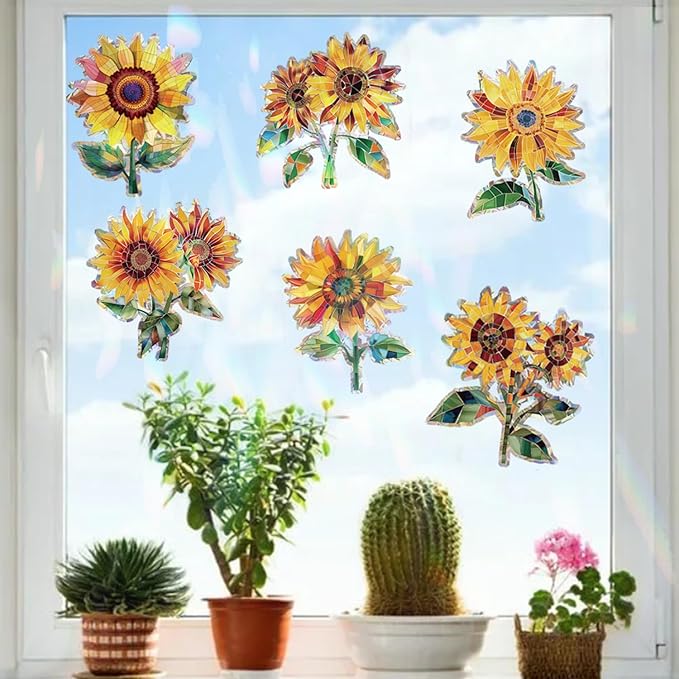 12pcs Window Decals for Bird Strikes, Anti Collision Window Clings, Rainbow Reflection Window Sticker, Sunflower Style Sun Catcher Stickers for Glass Windows-Ruum Studio Home