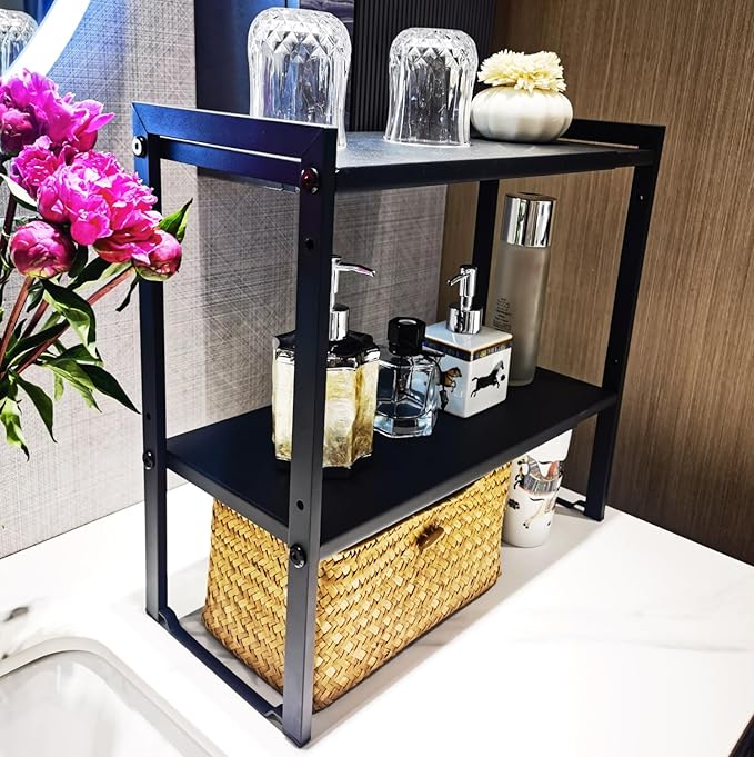 2 Tier Expandable Cabinet Shelf Organizer 14.5-25" L Kitchen Counter Shelf Rack Stand Sink Riser Countertop Storage Black (Normal 7.9”D)-Ruum Studio Home