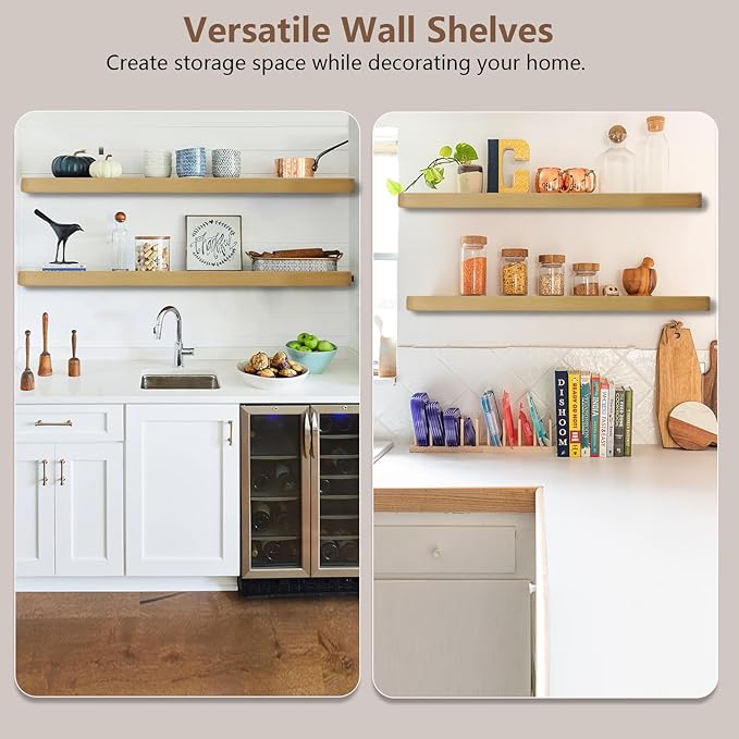 Solid Wood Floating Shelves Set of 2 - Natural, Warp & Crack Resistant 35.43 Inch Wall Shelf with Invisible Brackets Thicker, More Durable for Bathroom, Bedroom, Kitchen, Living Room (Wood, 35.43)-Ruum Studio Home