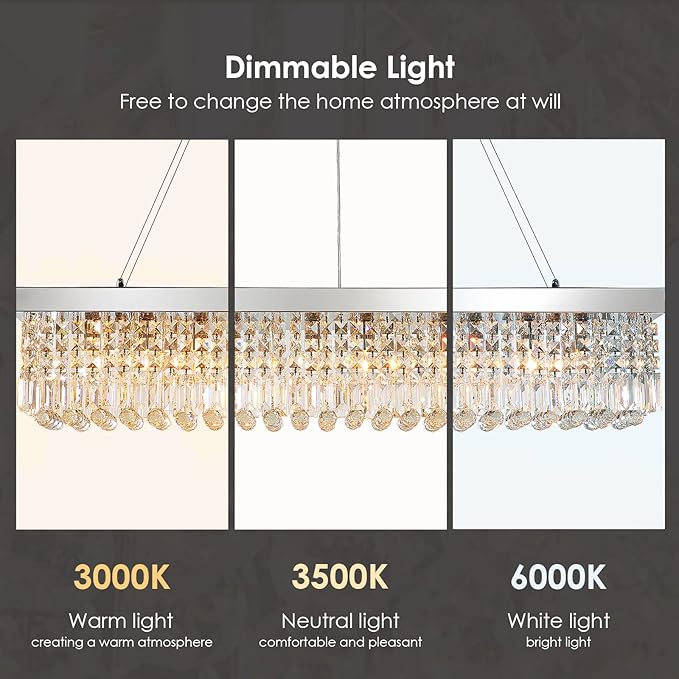 Siljoy Modern Rectangular Crystal Chandelier, 47" Rectangle Raindrop Hanging Ceiling Pendant Light Fixture Adjustable Height for Kitchen Island Dining Room, Polished Chrome Finish, L47 x W10 x H10-Ruum Studio Home