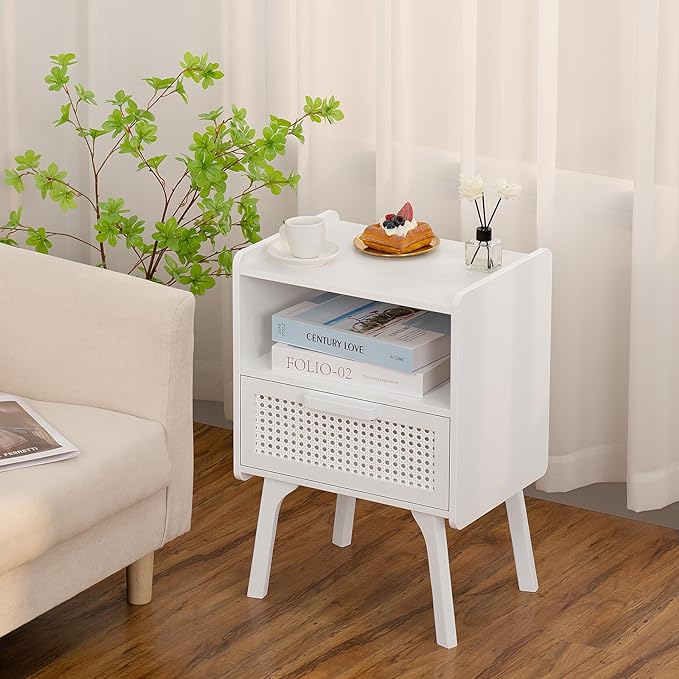 Lerliuo Rattan Nightstand, Side Table with Drawer Open Shelf, Cane Accent Bedside End Table with Solid Wood Legs, Mid Century Modern Night Stand for Bedroom, Dorm and Small Spaces (White)-Ruum Studio Home