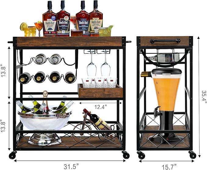 Bar Cart for The Home, 3 Tire Industrial Rolling Serving Cart on Lockable Wheels, Alcoholic Beverage Trolley with 2 Removable Trays, Wine Rack and Glass Holder for Indoor, Outdoor-Ruum Studio Home