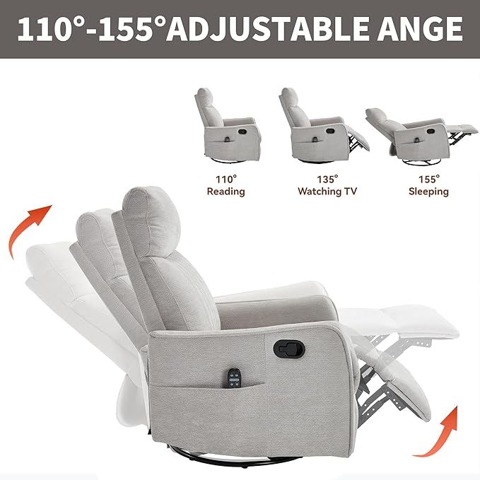 Manual Swivel Rocker Recliner Chair for Adults, Overstuffed Reclining Glider Chair for Nursing with Vibration Massage & Heat, Living Room Rocking Recliner 2-Stage backrest, Chenille Fabric Light Gray-Ruum Studio Home