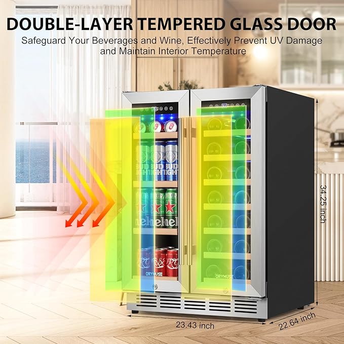 24 Inch Dual Zone Wine and Beverage Refrigerator, Built-in or Freestanding Cooler with French Doors, Drink Fridge with Upgraded Compressor for Beer, Wine, and Soda-Ruum Studio Home