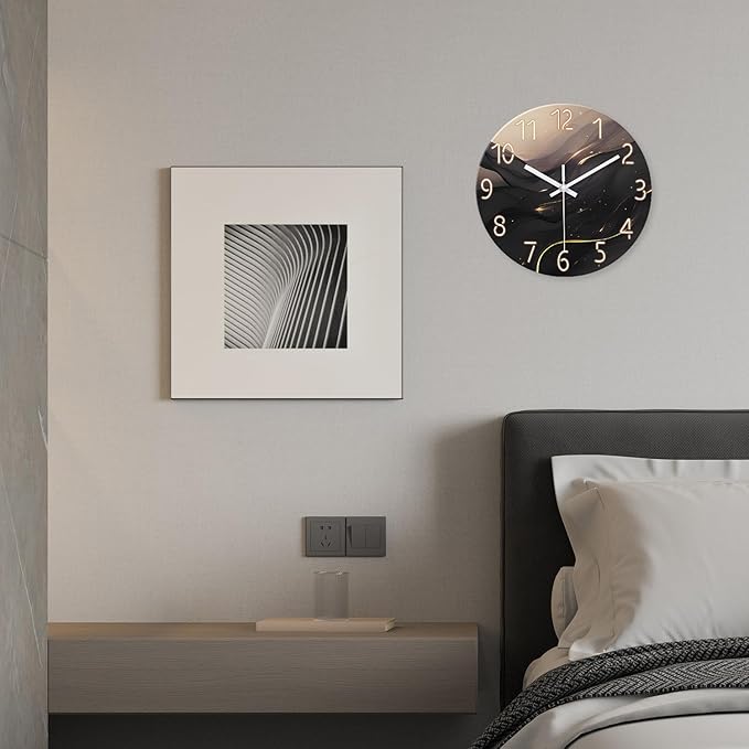 Large Wall Clocks Battery Operated 16 Inch Marble Glass Wall Clock for Living Room Black and Glod Wall Clock Silent Non Ticking-Ruum Studio Home