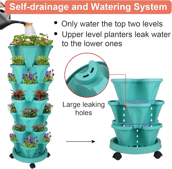 Vertical Planter, 7 Tier Stackable Strawberry Planter with Garden Tool Set, Movable Indoor/Outdoor Garden Herb Pot for Growing Vegetables and Succulents, Teal-Ruum Studio Home