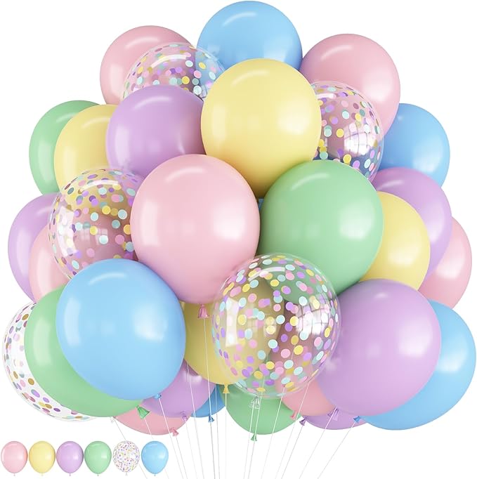 Pastel Balloons 12 Inch Macaron Pink Blue Green Purple Yellow Pastel Rainbow Latex Balloon with Colorful Confetti Party Balloons for Easter Birthday Baby Shower Bridal Wedding Party Decoration-Ruum Studio Home
