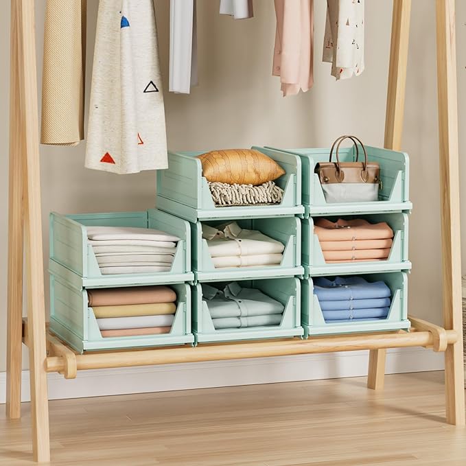 6 Pack Stackable Closet Storage Basket - Stackable Storage Bins, Multifunctional & Foldable Closet Organizer, Wardrobe Cupboard Space-Saving Hat Storage Drawer Organizer, Green-Ruum Studio Home