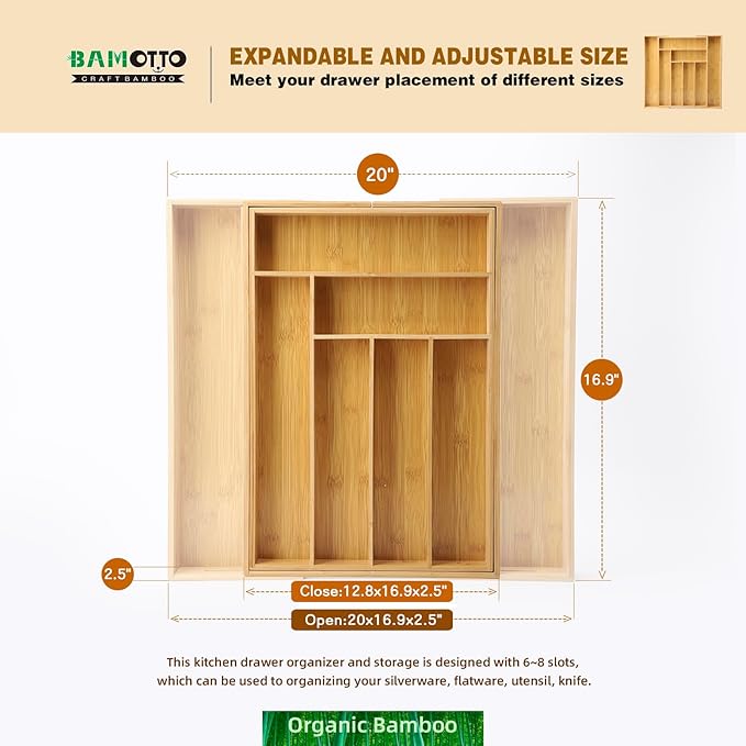 Expandable Bamboo Drawer Organizer – Large 20"x16.9" Size with Adjustable Dividers – for Kitchen Utensils, Knives, Cutlery, Flatware & Silverware Storage Tray-Ruum Studio Home