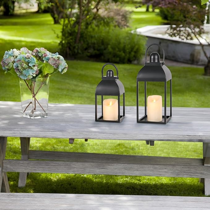 Lanterns Decorative Indoor Outdoor 15" 11" Set of 2 Lantern Decor Black Metal Candle Lanterns with Flameless Candles, Outdoor Lanterns for Porch Patio Wedding Mantle Home Decor-Ruum Studio Home