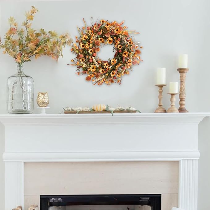 Bibelot Fall Front Door Wreath, 22" Artificial Floral with Colorful Daisies and Autumn Foliage - Orange for Wall, Window and Thanksgiving Decor-Ruum Studio Home
