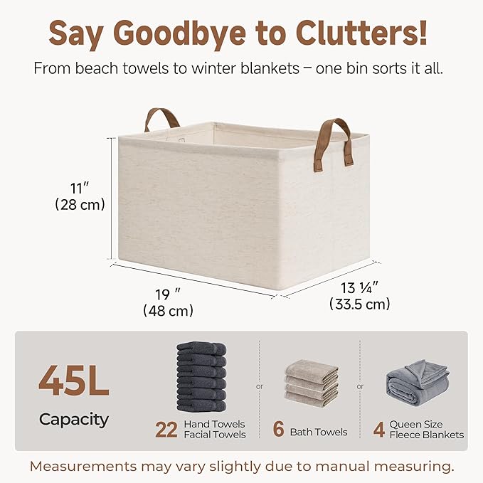 StorageWorks Storage Bins, Shelves Baskets for Organizing, 45L Extra Large Fabric Closet Organizers with Handles, Metal Frame, Beige（Cotton-linen）, 2-Pack-Ruum Studio Home