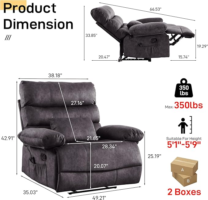 Oversized Recliner Chair Extra Wide Large Recliner for Adults 350lbs with Lumbar Support Pillow Nursery Chair Living Room (Manual, GREY-6002)-Ruum Studio Home