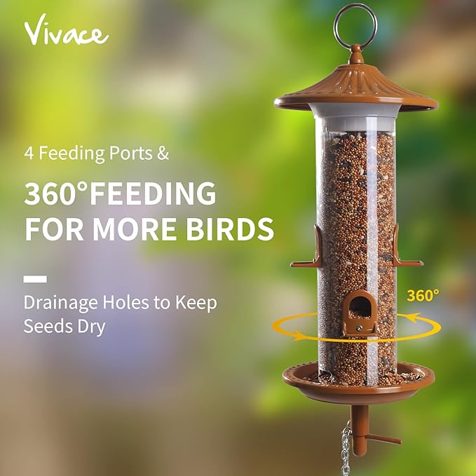 Vivace Hanging Bird Feeders, Easy to Fill 12" Tube Metal Bird Feeder for Outdoors, 4 Ports, with S Hook-Ruum Studio Home