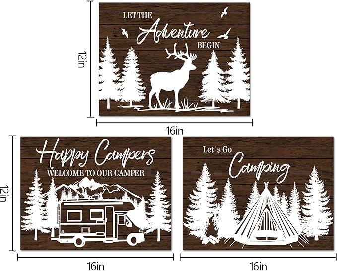 HOMEOART Camper Decor RV Wall Art Happy Campers Adventure Camping Wall Decor Sign, Deer in Forest Farmhouse Cabin Decoration,Framed 12x16inchx3Piece, Rustic Brown-Ruum Studio Home