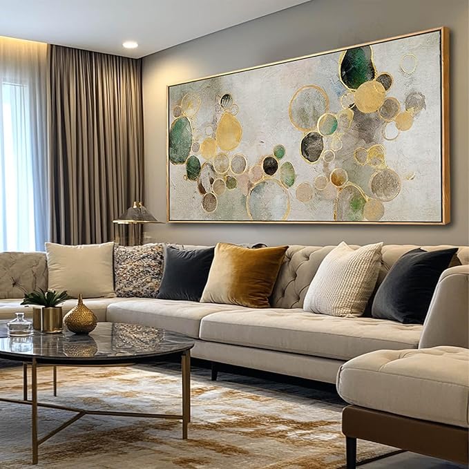 Abstract Canvas Wall Art Gold Circle Painting Green Artwork Framed Wall Prints 29"x 58" Office Wall Decor Colorful Pictures for Living Room Bedroom-Ruum Studio Home
