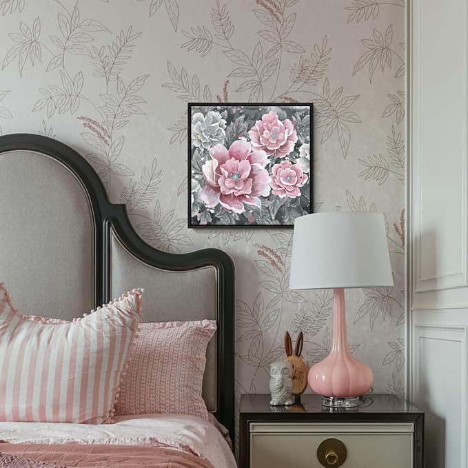Pink Wall Art Bathroom Décor Modern Framed Floral Wall Picture Black and White Artwork Peony Flower Canvas Print for Bedroom Office Dining Room Décor Small-Ruum Studio Home