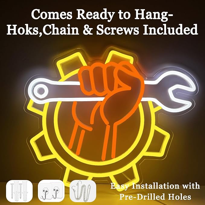Wrench Neon Sign for Wall Decor – USB Powered LED Garage Sign with Dimmer, Car Room Accent Light, Auto Repair Workshop Wall Lamp, Man Cave Neon Decor, Gift for Dad or Car Enthusiast 13"x14.3"-Ruum Studio Home