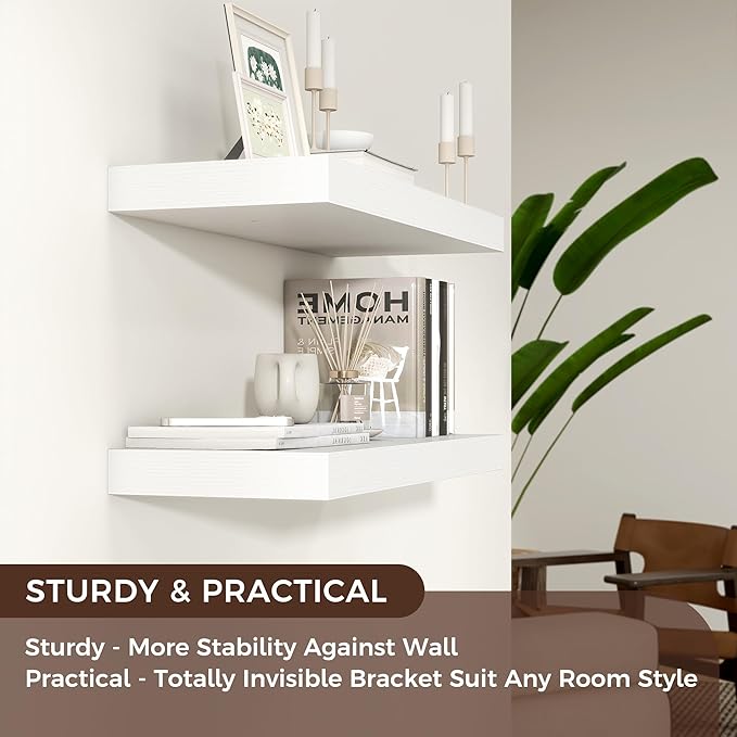 Floating Shelves - 2 Large Wall Mounted Shelves with Invisible Brackets, Long Wood Floating Wall Shelf for Living Room, Bedroom, Kitchen (White, 24" W x 9" D x 1.5" H)-Ruum Studio Home