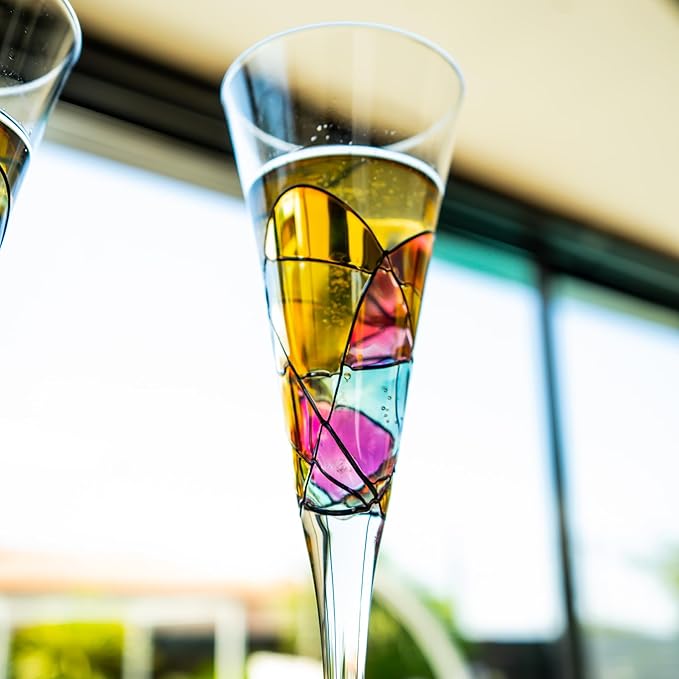 Victoria Barcelona Champagne Flute - 7.5 Oz Mouth-Blown Hand Painted, Antoni Gaudi & Murano Inspired Artistic Unique Gift Ideas Anniversary, Birthday, Weddings, Women & Men (2, Sagrada Red)-Ruum Studio Home