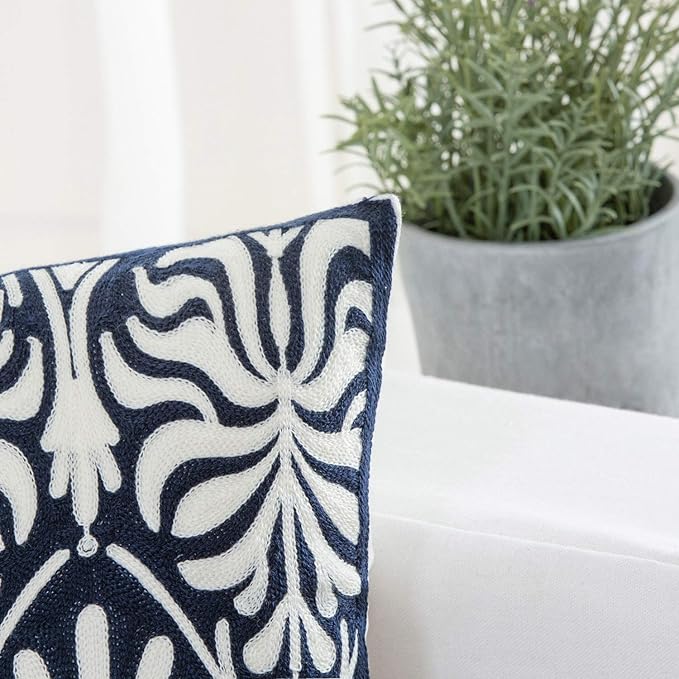 HWY 50 Navy Blue Decorative Lumbar Pillow Cover Rectangle 12x20 Inch (1 Piece), Embroidered Cotton Farmhouse Cushion Cover Pillow Case for Sofa Couch Living Room Bed, Minimalist Floral-Ruum Studio Home