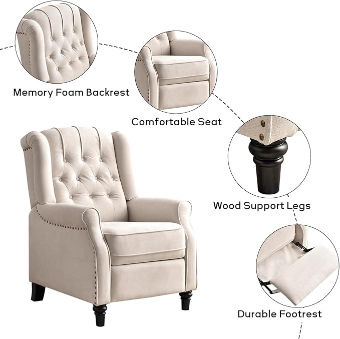 EBELLO 2 Pcs Pushback Recliner Chairs, Fabric Armchair Push Back Recliner with Rivet Decoration, Single Sofa Accent Chair for Living Room, Bedroom,Beige-Ruum Studio Home