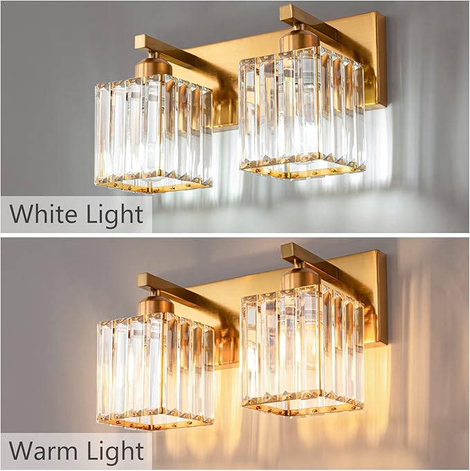 Modern Bathroom Vanity Light 2-Lights Gold Crystal Bathroom Wall Light Vanity Light Fixtures，12.59-inch Modern Minimalist Design-Ruum Studio Home