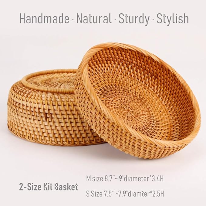 Set of 2 Round Rattan Bowl Baskets, 8 9 Inch Handmade Wicker Basket Tray with 3”Deep Wall, Decorative Woven Brown Bread Basket Fruit Bowl Table Key Holder, 2-Size-Ruum Studio Home
