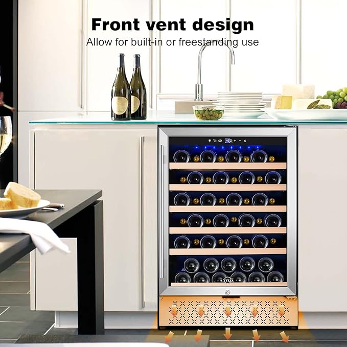 Tylza 24 Inch Wine Cooler Refrigerator, 51 Bottle Built-in or Freestanding, 24'' Fridge with Stainless Steel & Double Layer Tempered Glass Door and Temperature Memory Function-Ruum Studio Home