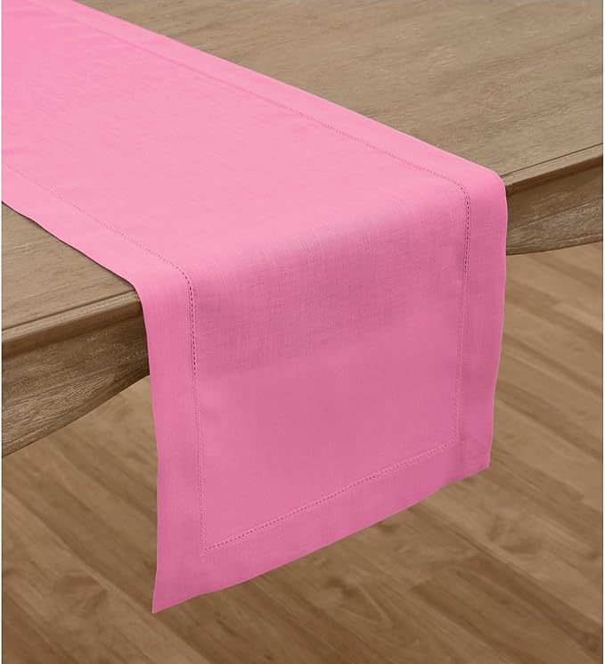 Solino Home Linen Flamingo Pink Table Runner 144 Inches Long - 100% Pure Linen Extra Long Table Runner 14 x 144 Inch for Halloween - Classic Hemstitch-Ruum Studio Home