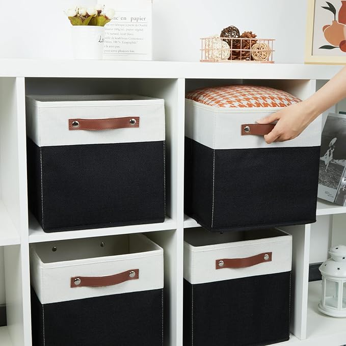 HNZIGE Cubes Storage Bins Set of 4,11 x 11 Fabric Storage Cube Baskets for Storage,Decorative Storage Bins for Shelves with Handles,Closet Clothes Baskets for Organizing Home(Black White)-Ruum Studio Home