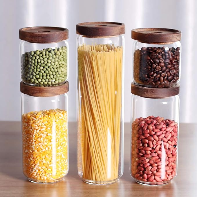 Glass Canisters Set of 5 for the kitchen, Glass Storage Container jars with Airtight Acacia Lid for Coffee Beans, Flour, Sugar, Rice and Spaghetti and etc-Ruum Studio Home