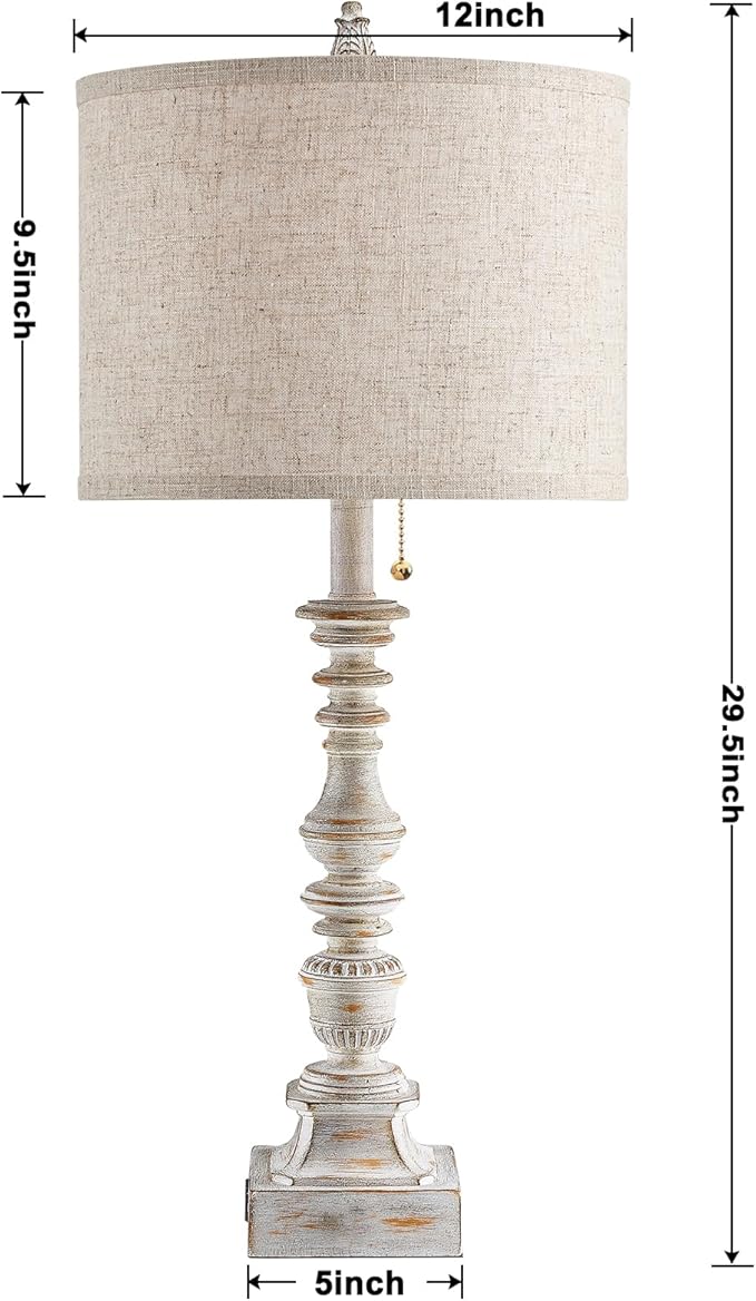 Set of 2 Farmhouse Table Lamps for Living Room, 29.5" Inch Tall Rustic Bedrooms Nightstand Table Lamp with USB-C & USB-A Charging + AC Outlet, Pull Chain Bedside Lamp for End Table, Antique White-Ruum Studio Home