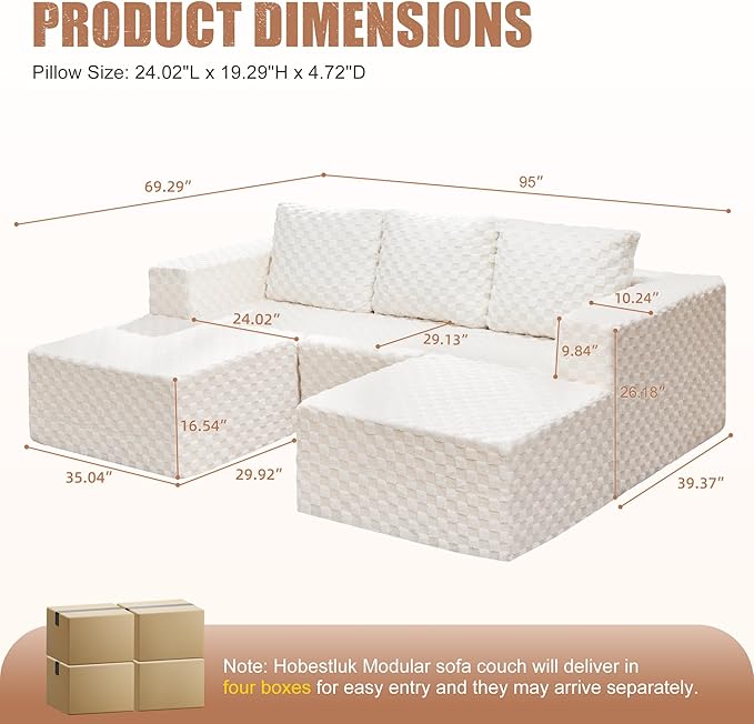Hobestluk Modular Sectional Sofa Memory Foam Couch Oversized Sectional Sofa 3-Seater with Chaises Cloud Couch with Removable Cover U Shaped Sofa for Living Room (Plush White, U Shape)-Ruum Studio Home