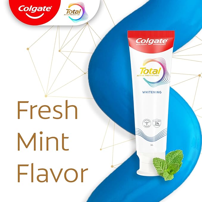 Colgate Total Active Prevention Whitening Gel Toothpaste with Fluoride, Bulk with Clinically Proven Formula That Fights Plaque Bacteria, Mint, 4 Pack, 5.1 oz-Ruum Studio Home