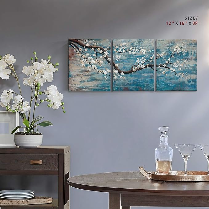 3 Piece Wall Art Hand-Painted Framed Flower Oil Painting On Canvas Gallery Wrapped Modern Floral Artwork for Living Room Bedroom Décor Teal Blue Lake Ready to Hang 12"x16"x3 panel-Ruum Studio Home