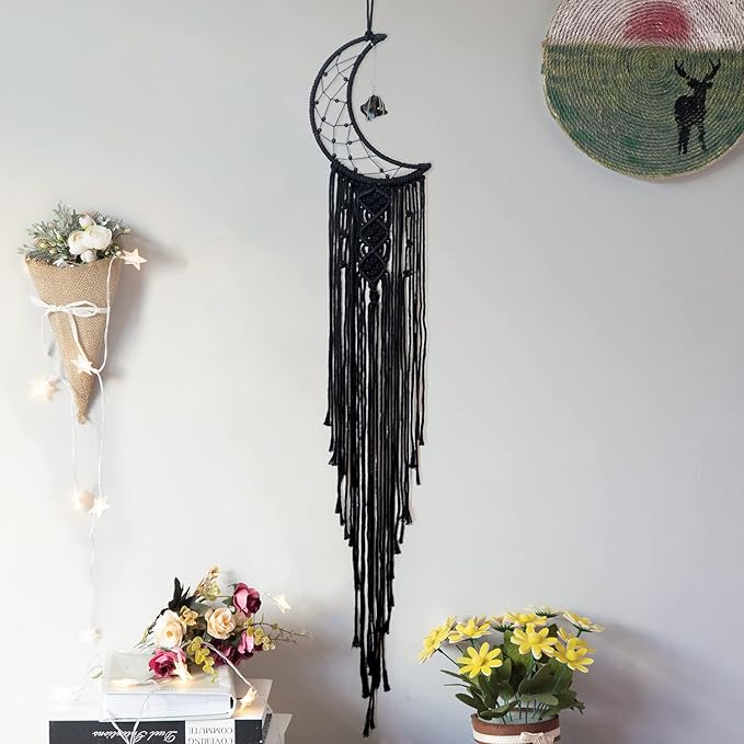 MOONFLY Black Moon Dream Catcher with Handmade Crystal Stone Design Woven Cotton Dream Catchers Boho Macrame Wall Hanging Home Decoration Ornament Craft Gift (Black Crystal Stone Moon)-Ruum Studio Home