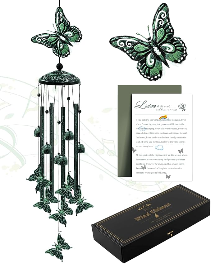 Wind Chimes for Outside, 33" Butterfly Wind Chimes Outdoor, Gifts for Women Mom Grandma Birthday, Gift for Garden Porch Patio Home Decor (Green)-Ruum Studio Home