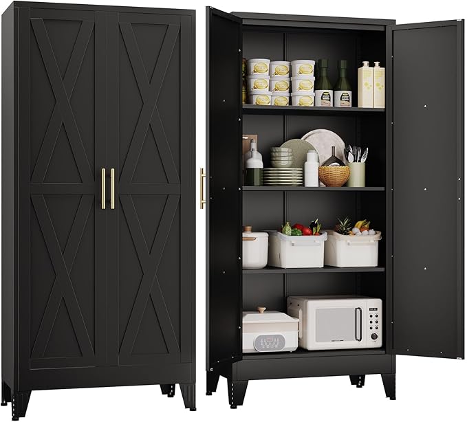 61" H Metal Kitchen Pantry Storage Cabinet, Freestanding Cupboard with 2 Doors and 3 Adjustable Shelves, Standing Storage for Kitchen, Bathroom, Garage, Dinning Room or Utility Room（Black）-Ruum Studio Home