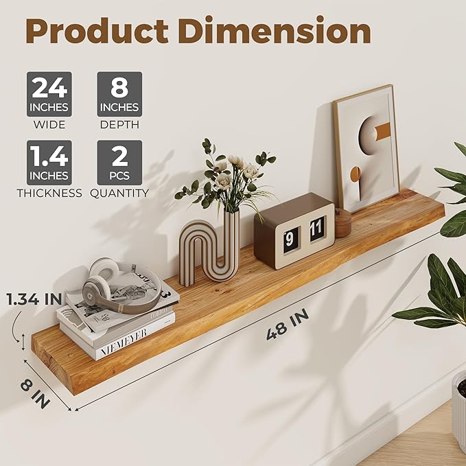 Axeman 48 inch Floating Shelves for Wall - 8'' D Live Edge Rustic Solid Elm Wood Floating Shelves Wall Mounted, Hanging Shelves with Invisible Bracket for Living Room Bedroom Kitchen, Natural-Ruum Studio Home
