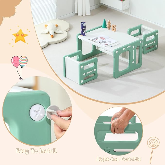 3 in 1 Montessori Weaning Table and 2 Chairs Set, Kids Activity Table Set, 2 Height Levels, Toddlers Activity Table for Drawing, Dining, Reading and Playing, Green-Ruum Studio Home