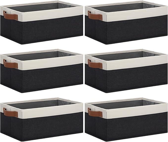 GhvyenntteS Storage Baskets for Organizing, Fabric Storage Bins with Leather H&les, Foldable Rectangular Storage Baskets for Shelves, Closets, Home, Office(Black/White, 6 Pack)11.8X7.9X5.1 in-Ruum Studio Home